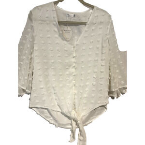 New Women’s pearl Button tie Swiss Dot White flowy‎ V-Neck Size M romantic boho